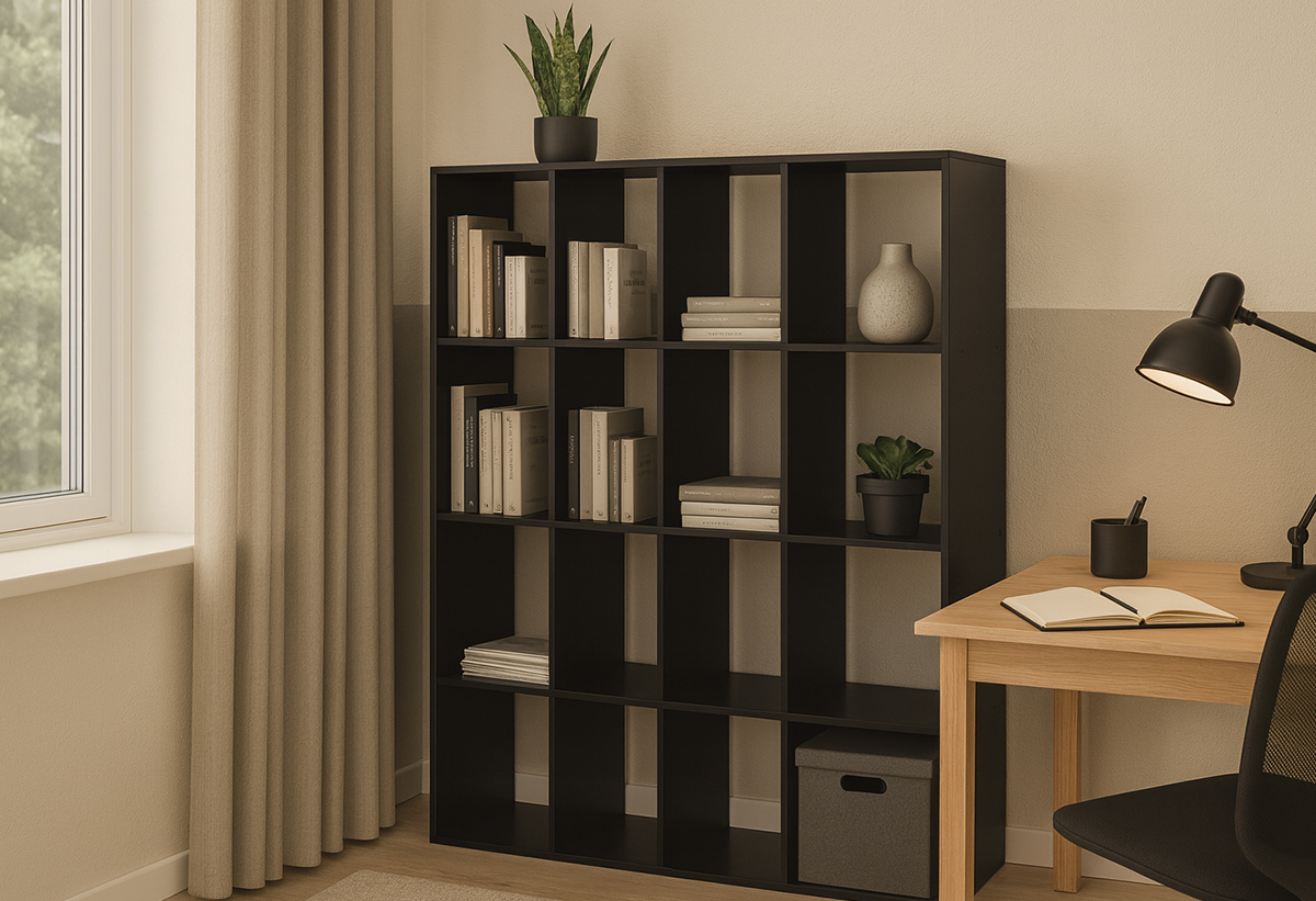 Απεικονίζεται η βιβλιοθήκη σε ένα σαλόνι.